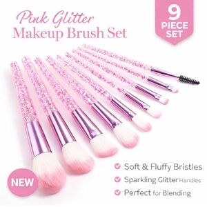 9 Piece Glitter Pink and Lilac Crystal Makeup Brush Set